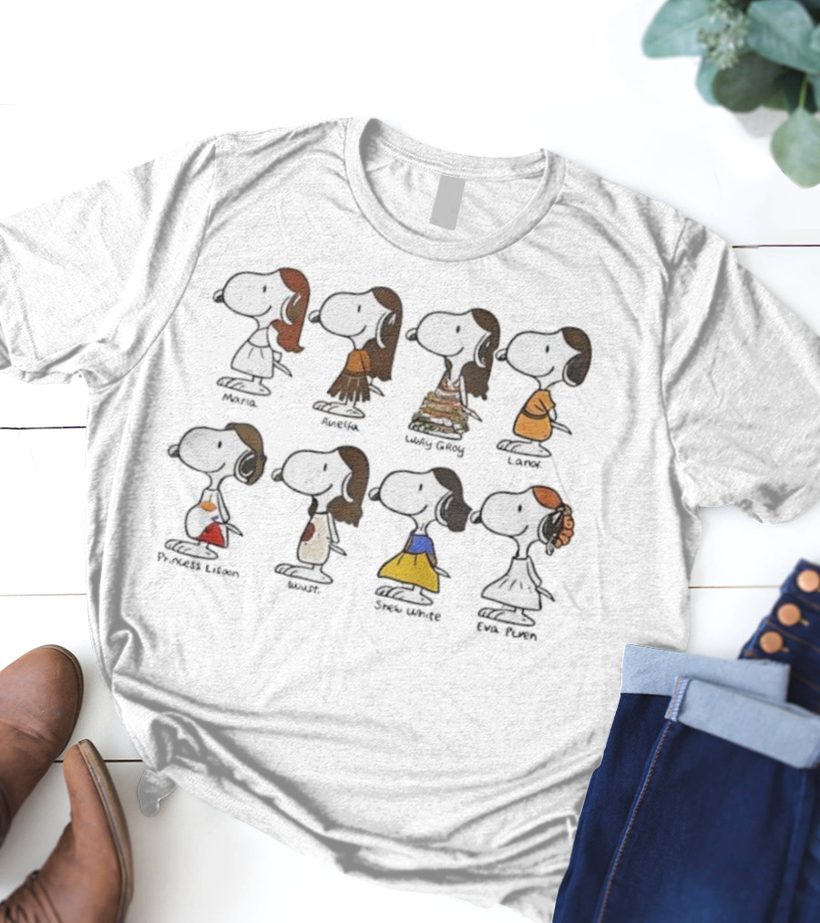 Snoopy Belle Mulan Cinderella Jasmine Ariel Pocahontas Snow White Tiana Princess Parody T-Shirt