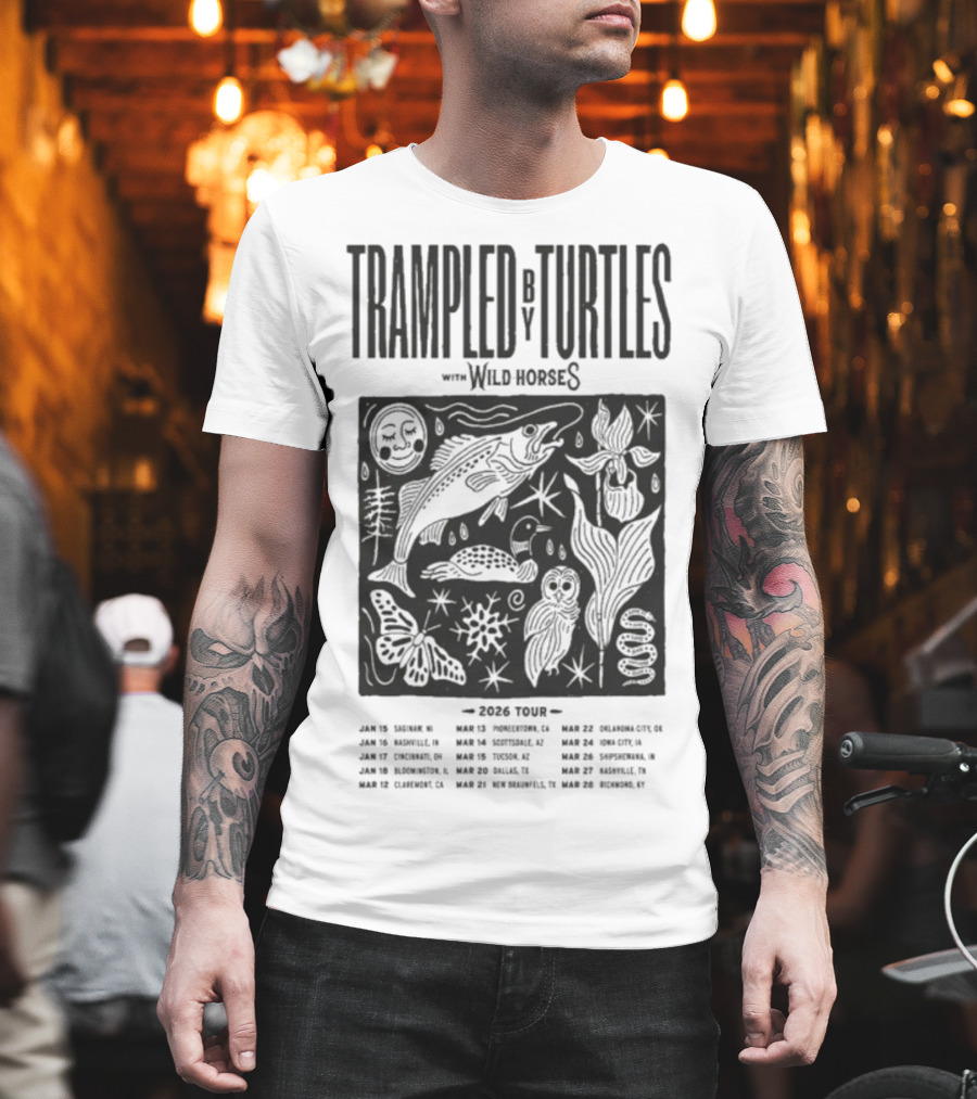 Trampled By Turtles Wild Horses 2026 Tour Dates Fish Sun Moon Flower Butterfly T-Shirt
