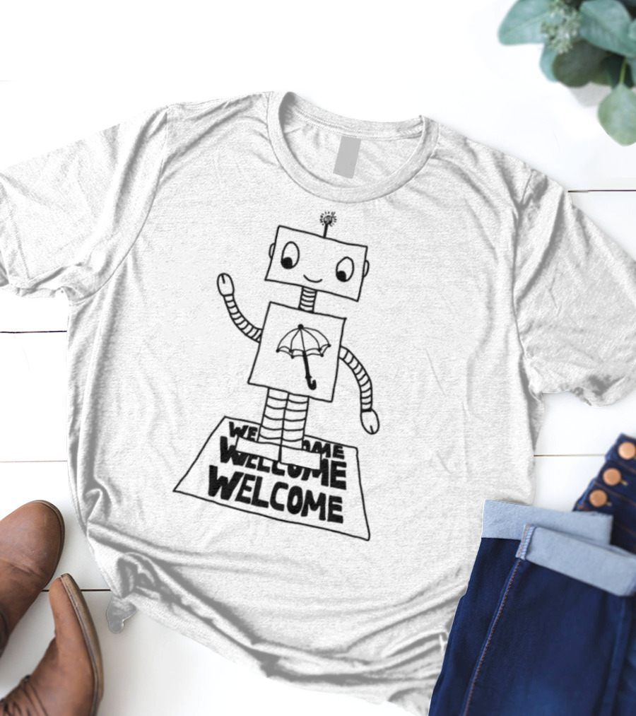 Robot Welcome Friendly Waving With Umbrella T-Shirt