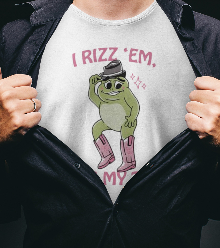 Frog I Rizz 'Em With My Tism Cute Hat Pink Boots T-Shirt