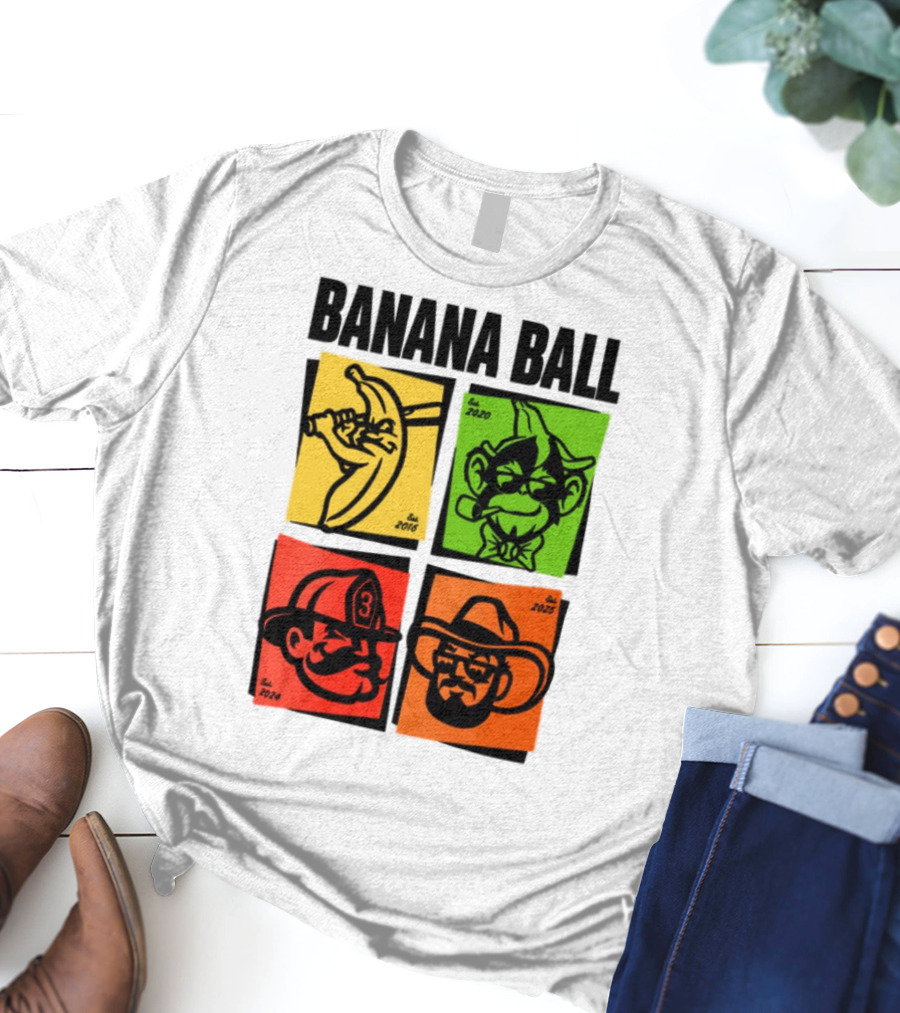 Banana Ball 2025 Cowboy Firefighter Joker Swordsman Icons Est 2016 2020 2024 2025 T-Shirt