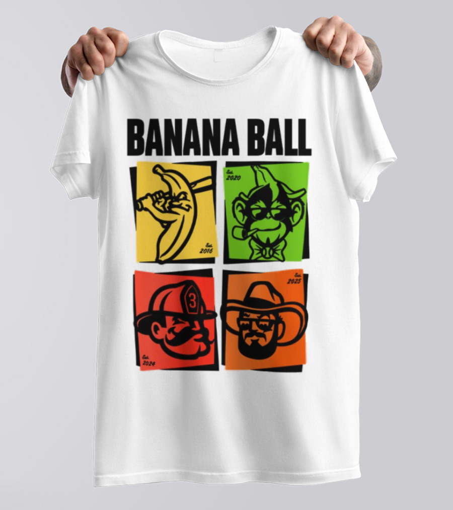 Banana Ball 2025 Cowboy Firefighter Joker Swordsman Icons Est 2016 2020 2024 2025 T-Shirt