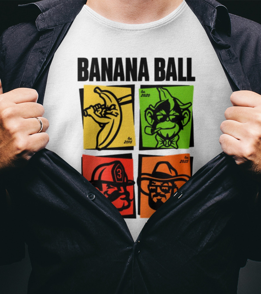 Banana Ball 2025 Cowboy Firefighter Joker Swordsman Icons Est 2016 2020 2024 2025 T-Shirt