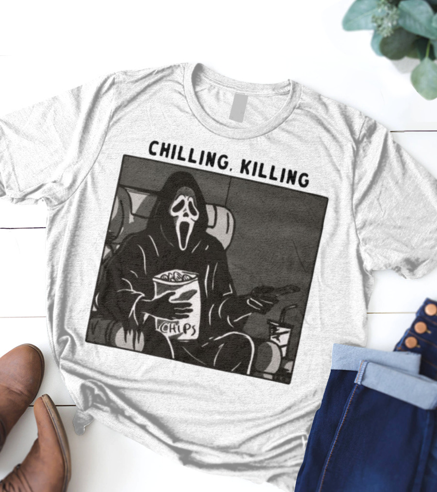 Ghost Face Chips Chilling Killing Movie Night Vibes T-Shirt