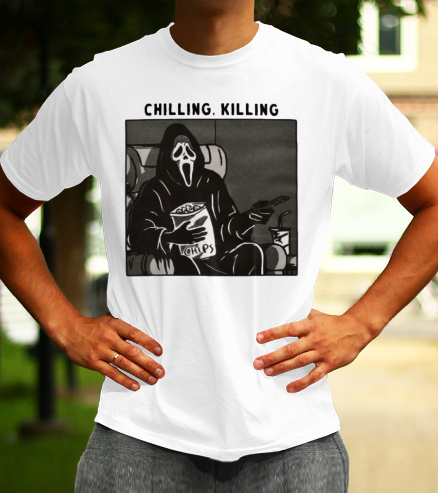 Ghost Face Chips Chilling Killing Movie Night Vibes T-Shirt