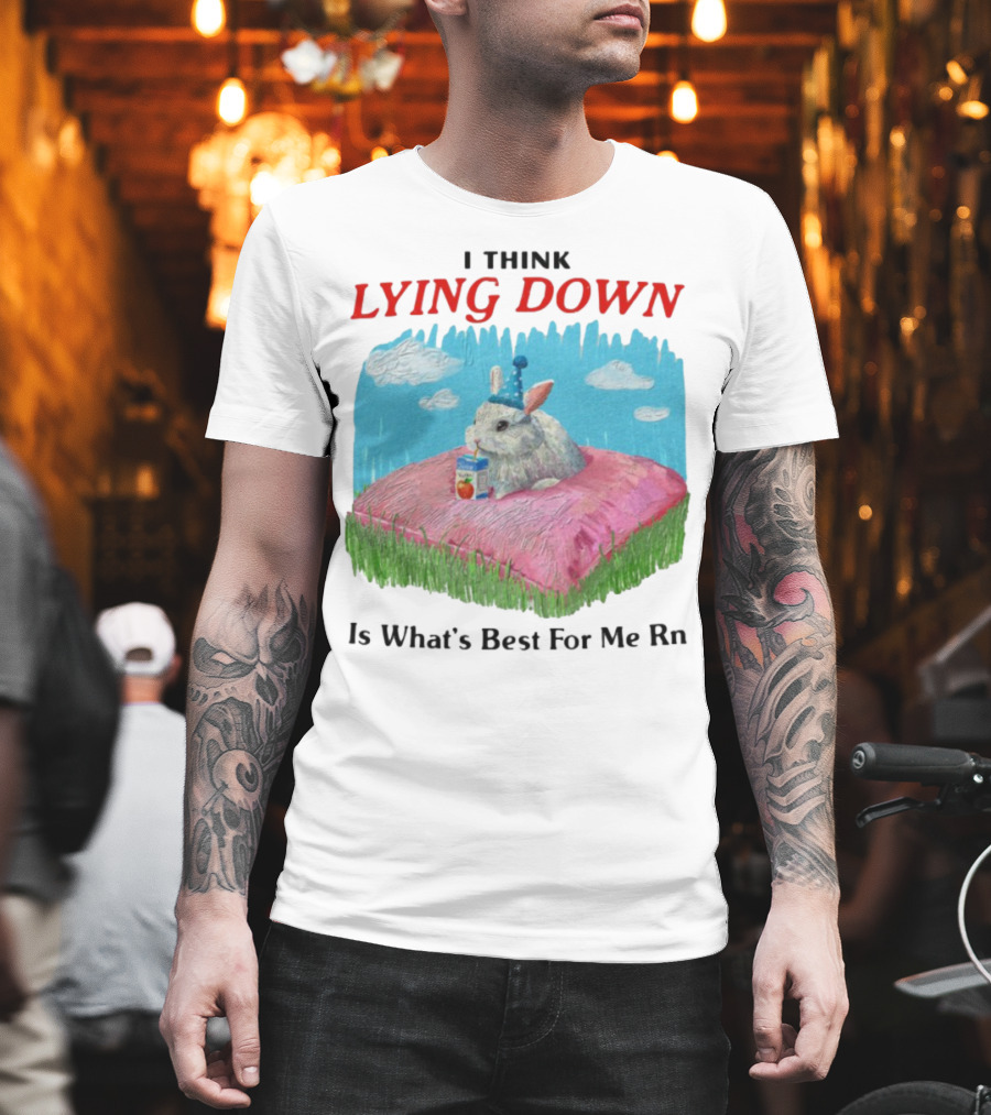 I Think Lying Down Bunny With Party Hat And Juice Box Pillow Clouds T-Shirt