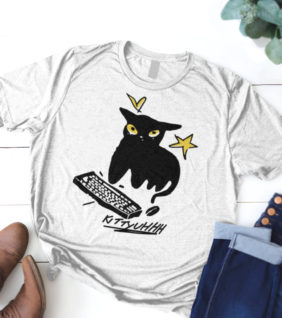 Kittyuhhh Cat At Keyboard With Yellow Eyes And Stars T-Shirt