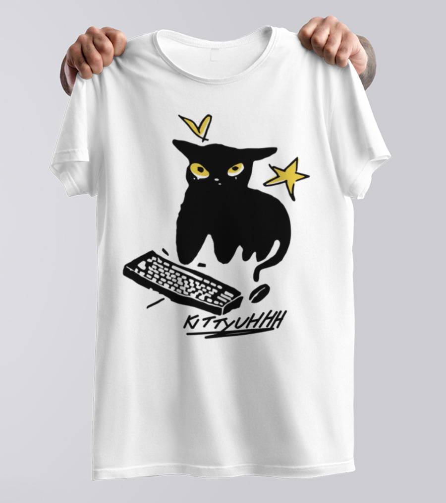 Kittyuhhh Cat At Keyboard With Yellow Eyes And Stars T-Shirt