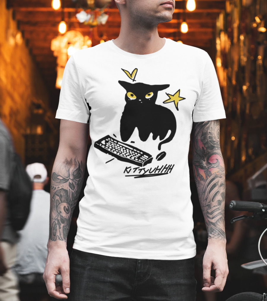 Kittyuhhh Cat At Keyboard With Yellow Eyes And Stars T-Shirt