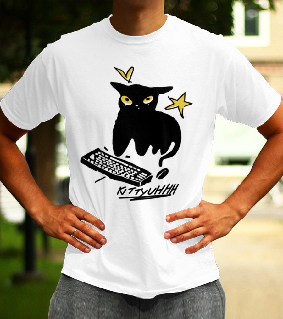 Kittyuhhh Cat At Keyboard With Yellow Eyes And Stars T-Shirt