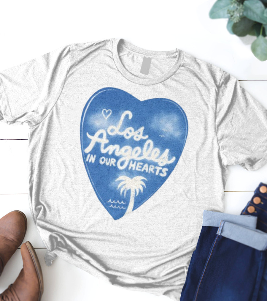 Los Angeles In Our Hearts Blue Heart With Palm Tree And Waves T-Shirt