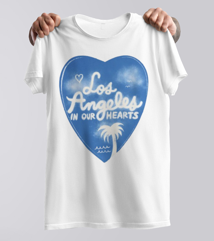Los Angeles In Our Hearts Blue Heart With Palm Tree And Waves T-Shirt
