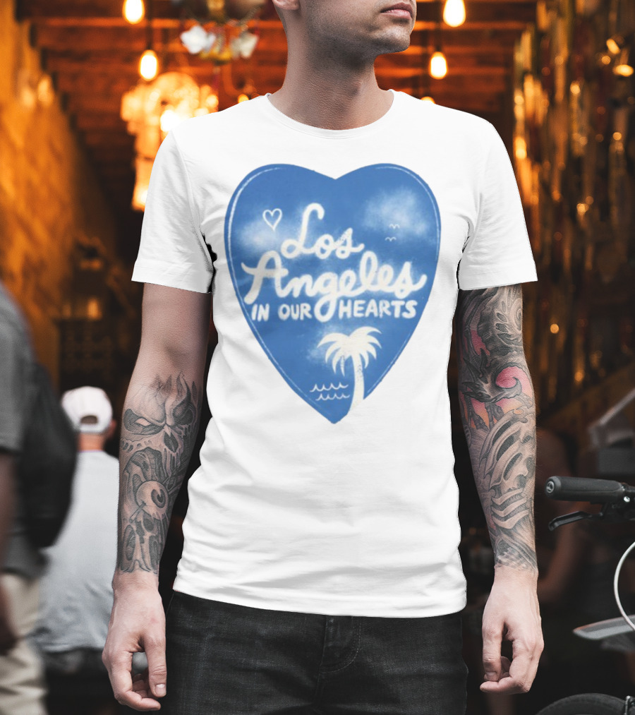 Los Angeles In Our Hearts Blue Heart With Palm Tree And Waves T-Shirt