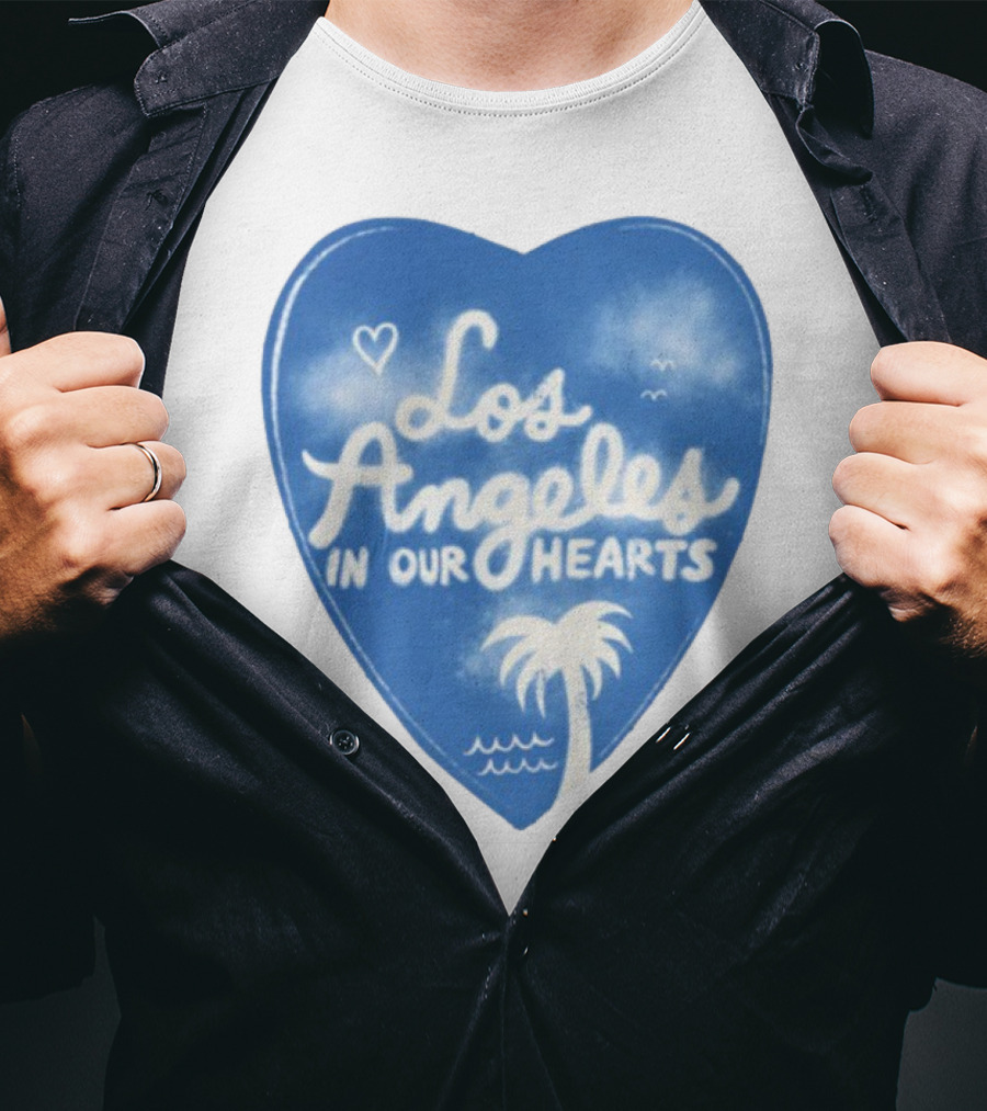 Los Angeles In Our Hearts Blue Heart With Palm Tree And Waves T-Shirt