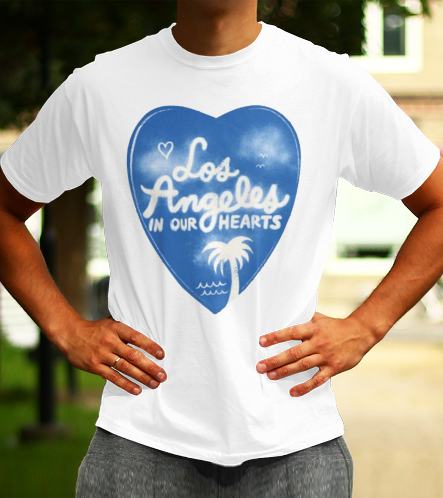 Los Angeles In Our Hearts Blue Heart With Palm Tree And Waves T-Shirt