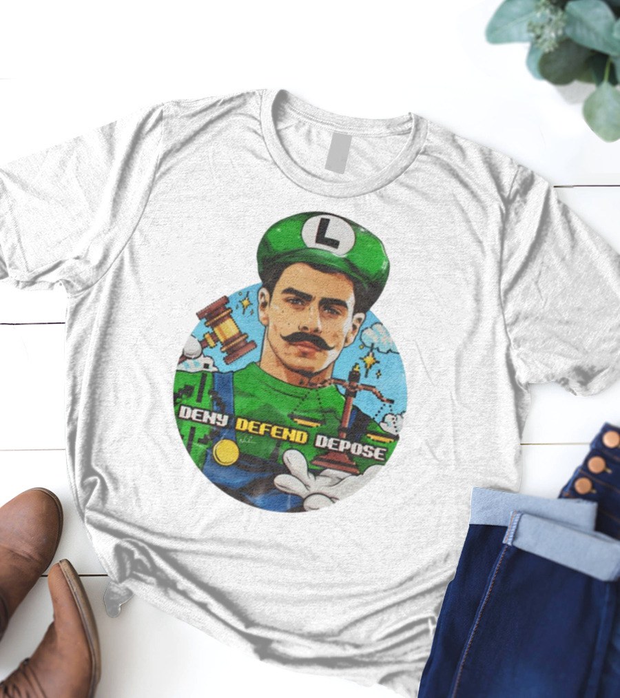 Luigi Mangione Deny Defend Depose Mario Bros Inspired Courtroom Adventure T-Shirt