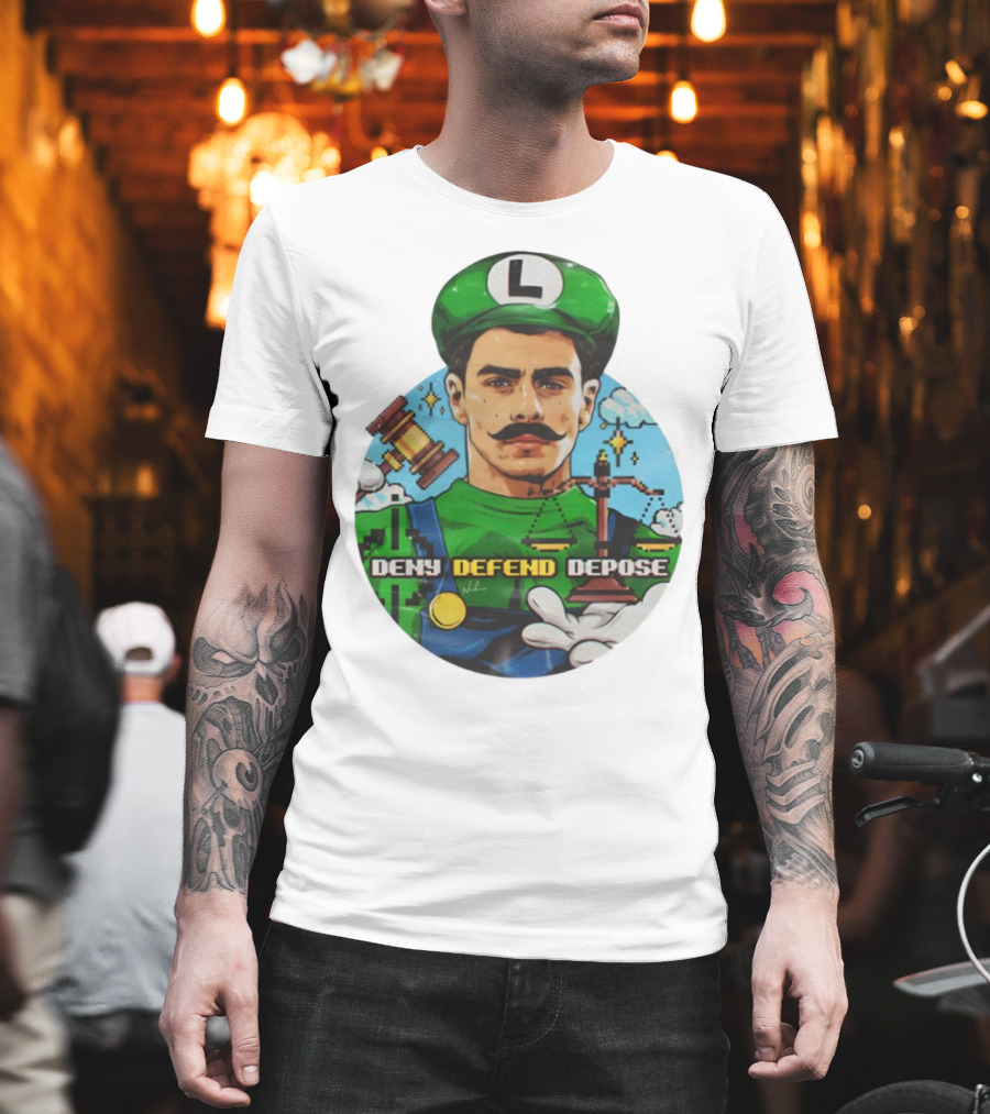 Luigi Mangione Deny Defend Depose Mario Bros Inspired Courtroom Adventure T-Shirt