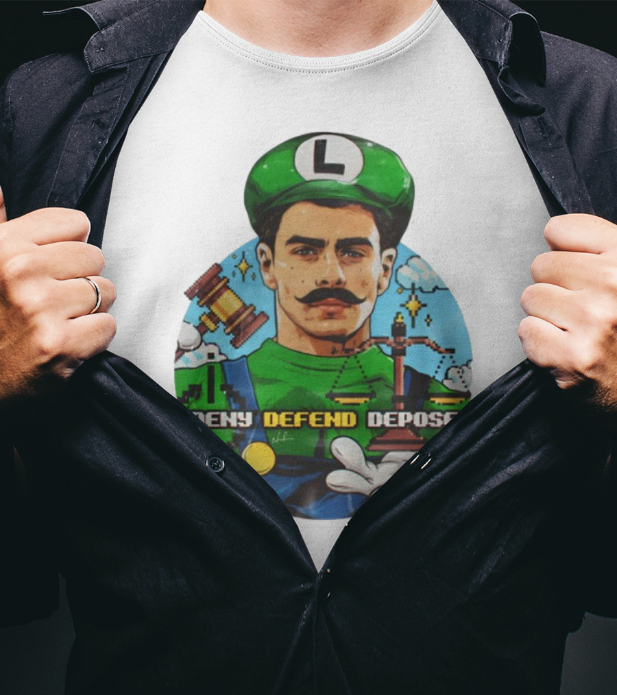 Luigi Mangione Deny Defend Depose Mario Bros Inspired Courtroom Adventure T-Shirt