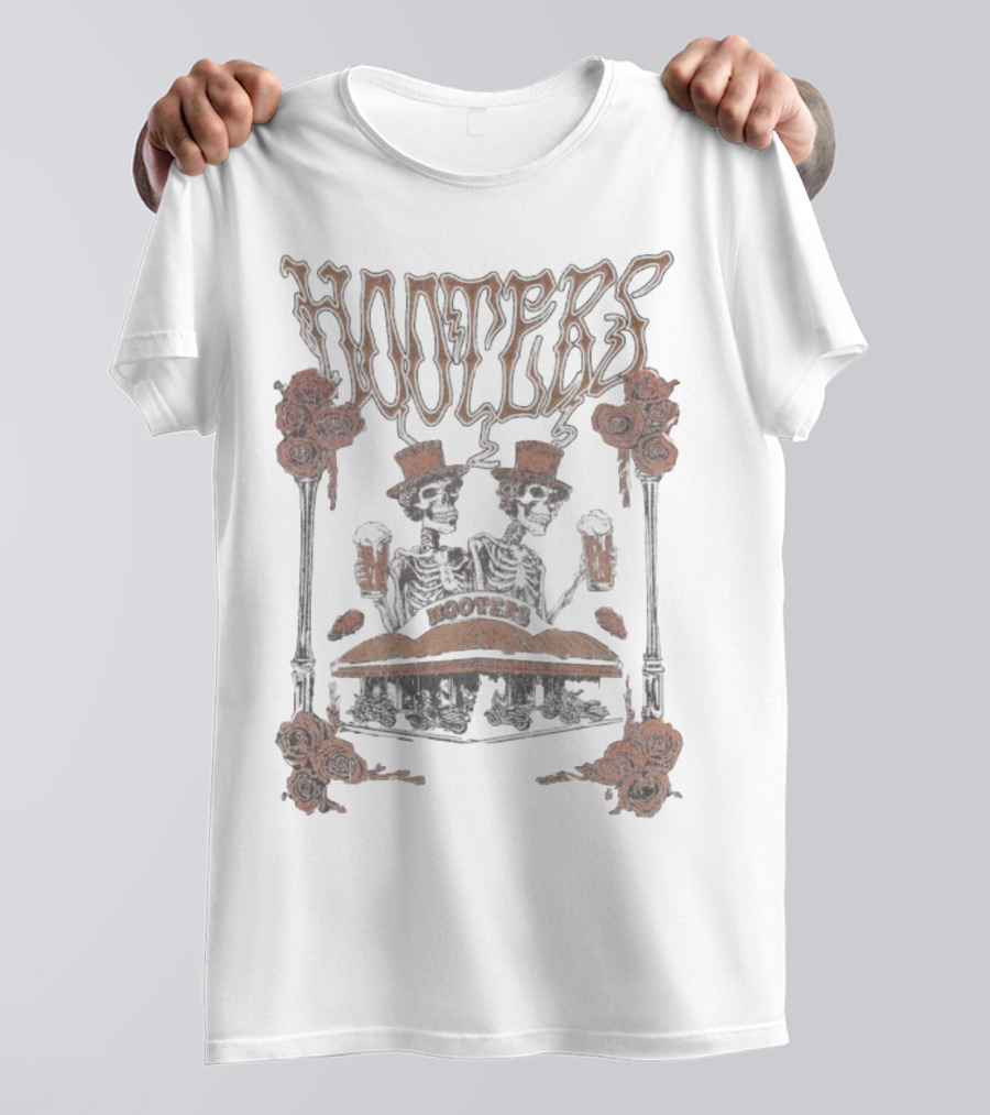Hooters Skeletons With Top Hats And Beers Roses T-Shirt