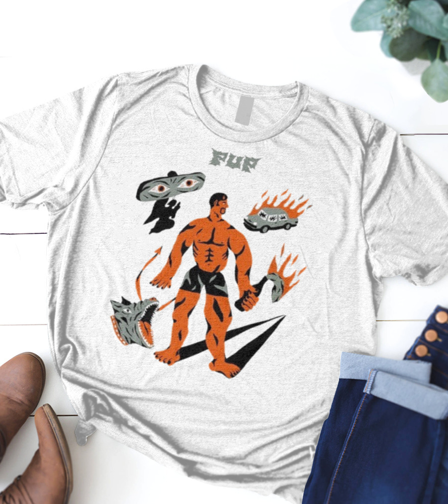 Pup Muscle Man Flaming Car And Wolf T-Shirt