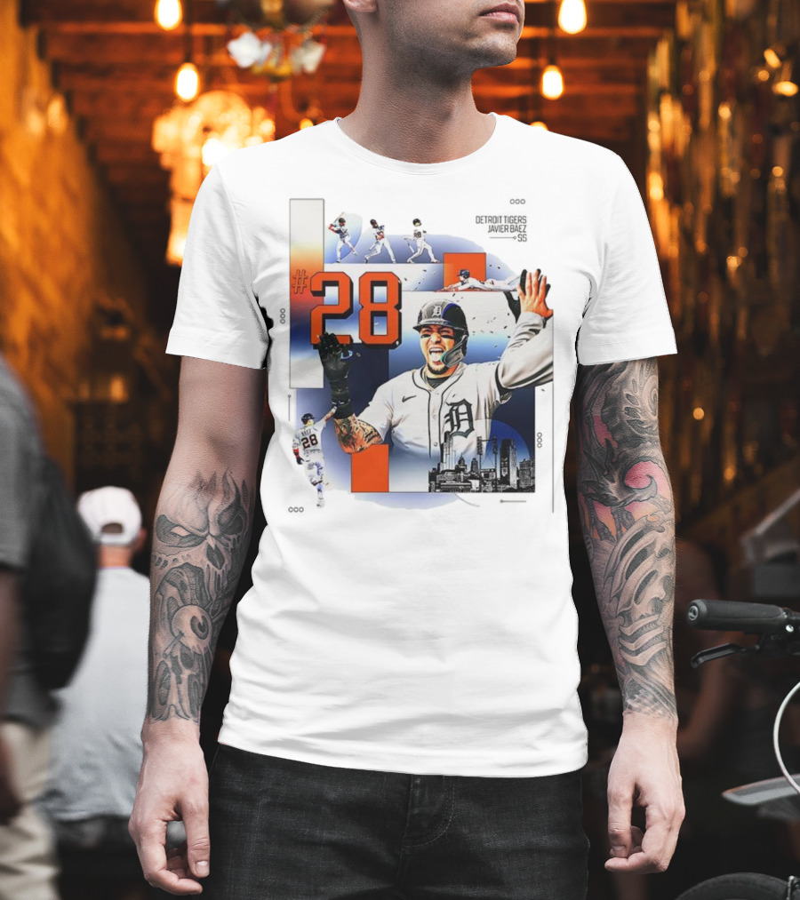 Javier Báez Detroit Tigers Number 28 Baseball Action High Five Urban Skyline T-Shirt
