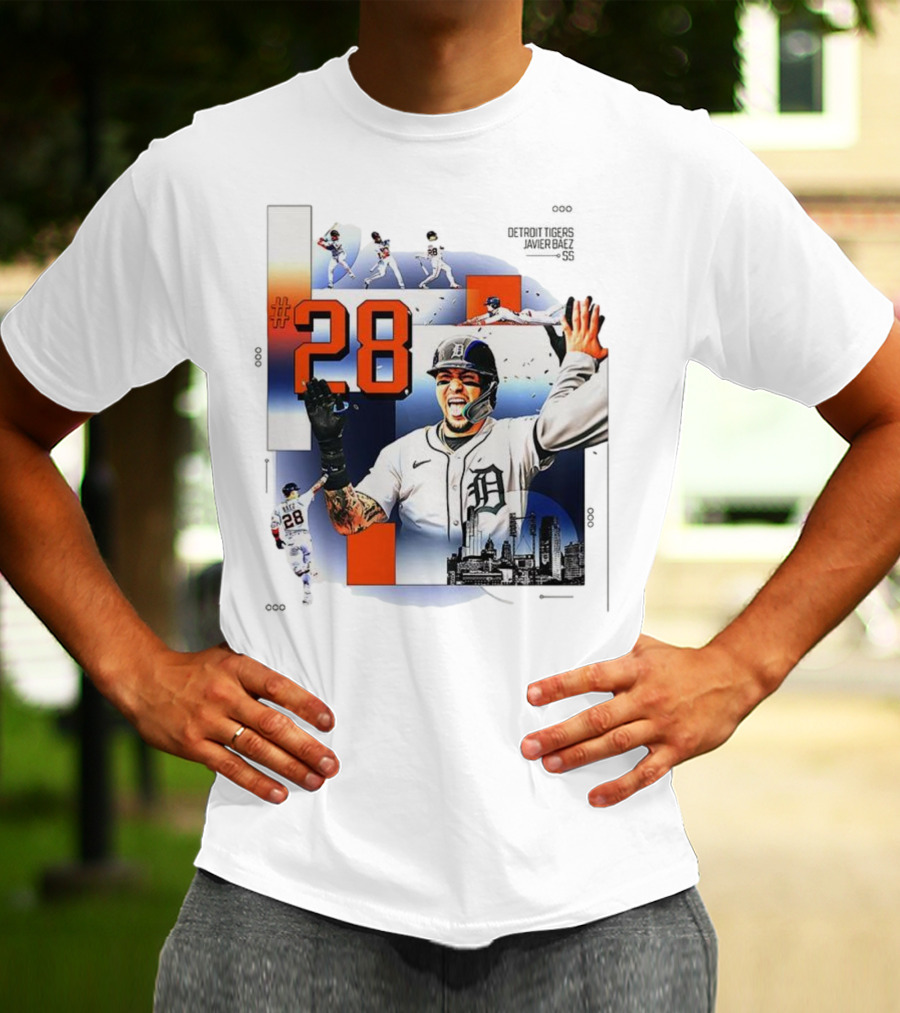 Javier Báez Detroit Tigers Number 28 Baseball Action High Five Urban Skyline T-Shirt