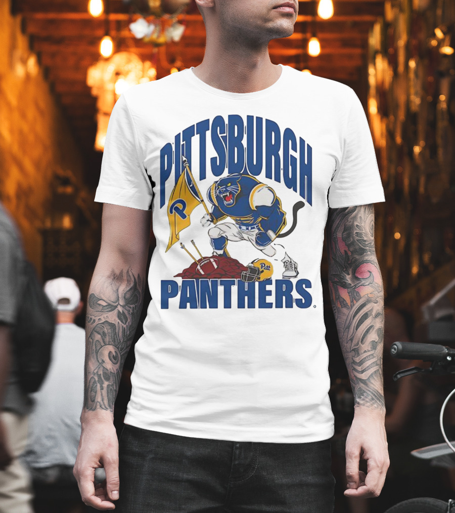 Pittsburgh Panthers Pitt Mascot Planting Flag Football Helmet T-Shirt