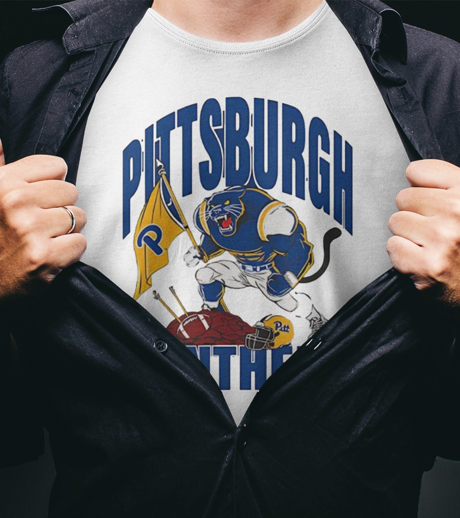 Pittsburgh Panthers Pitt Mascot Planting Flag Football Helmet T-Shirt