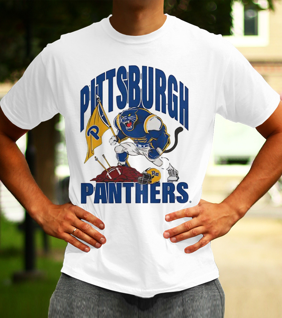Pittsburgh Panthers Pitt Mascot Planting Flag Football Helmet T-Shirt