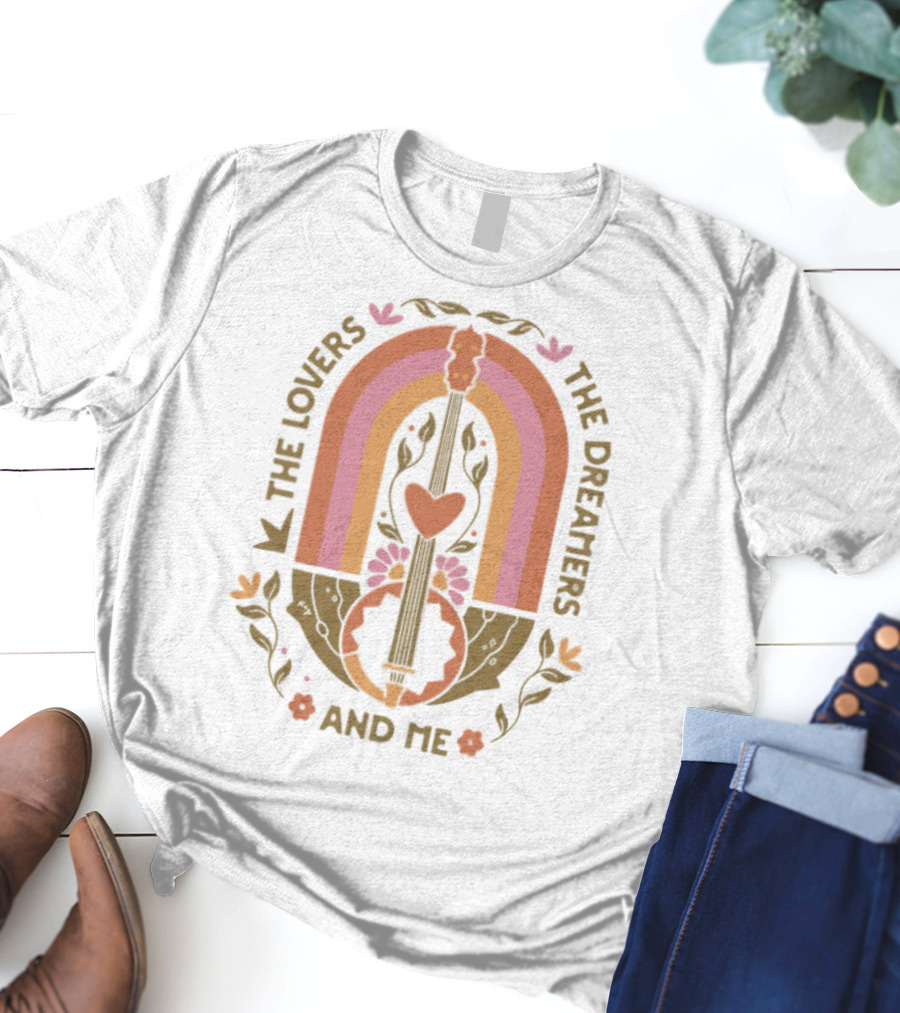 The Lovers The Dreamers And Me Rainbow Guitar Floral Design T-Shirt