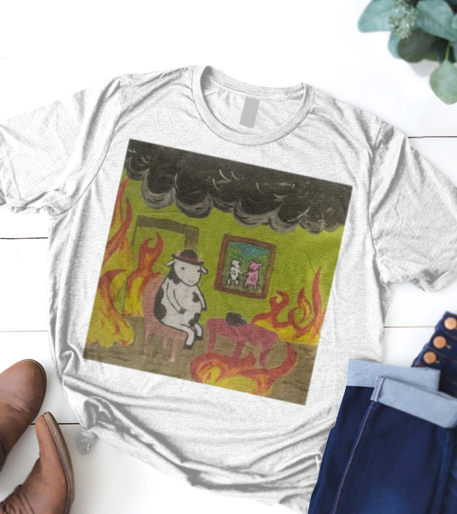 This Is Fine Cow Meme Fire Scene Surreal Humor T-Shirt