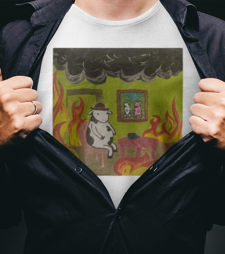 This Is Fine Cow Meme Fire Scene Surreal Humor T-Shirt