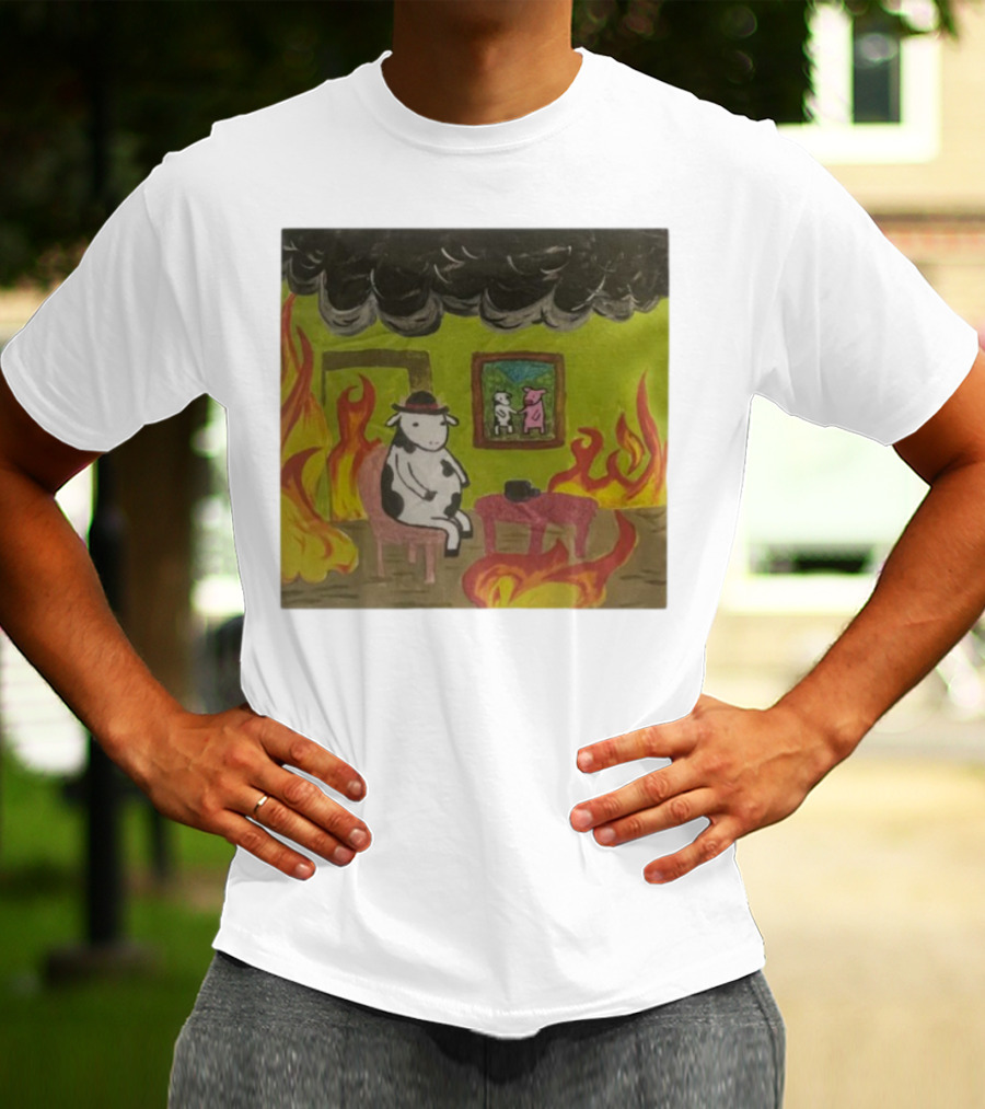 This Is Fine Cow Meme Fire Scene Surreal Humor T-Shirt