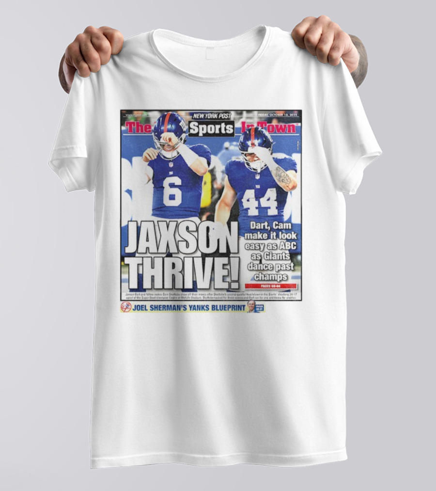 New York Post Jaxson Dart Cam Skattebo Giants Thrive Edition T-Shirt