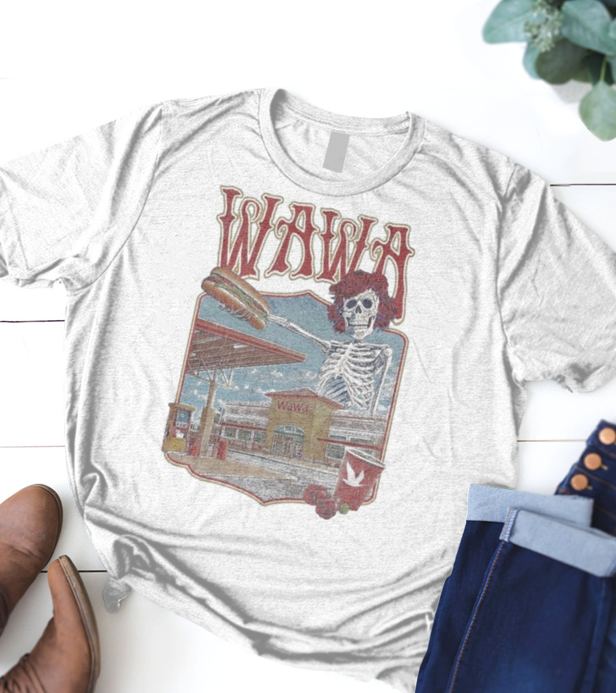 Wawa Grateful Dead Skeleton Holding Hoagie At Gas Station Scene T-Shirt