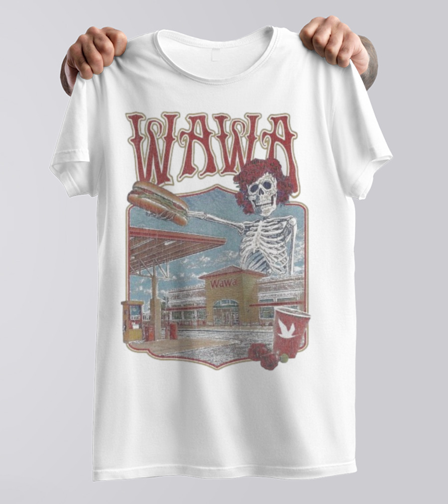 Wawa Grateful Dead Skeleton Holding Hoagie At Gas Station Scene T-Shirt