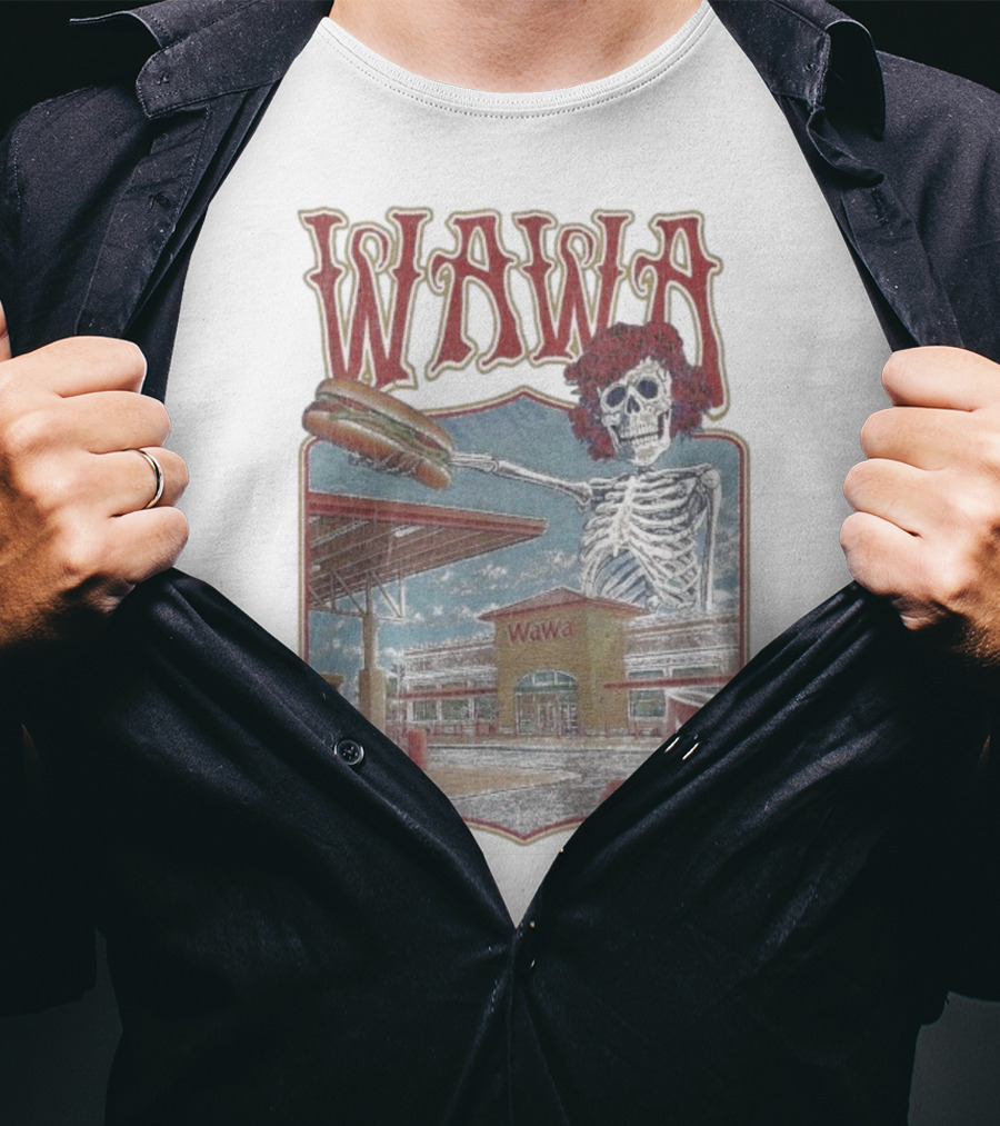 Wawa Grateful Dead Skeleton Holding Hoagie At Gas Station Scene T-Shirt