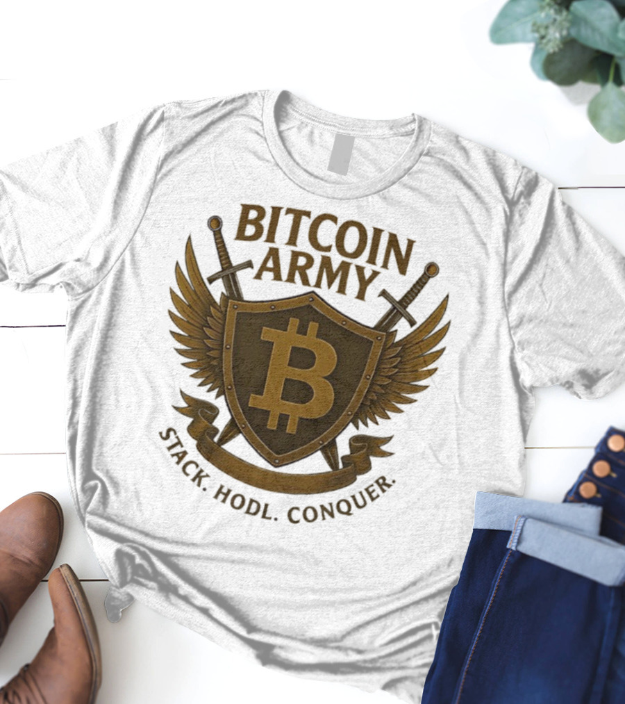 Bitcoin Army Shield Stack Hodl Conquer Crypto Warriors T-Shirt