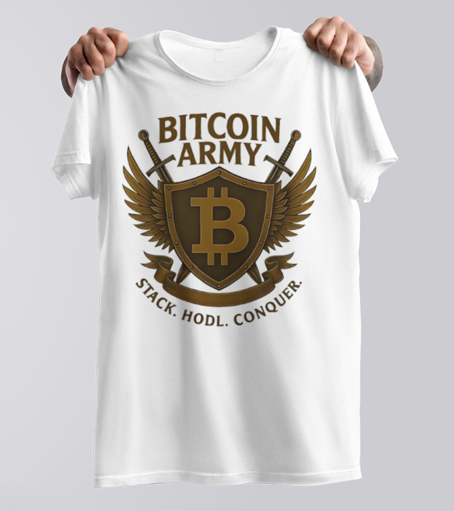 Bitcoin Army Shield Stack Hodl Conquer Crypto Warriors T-Shirt