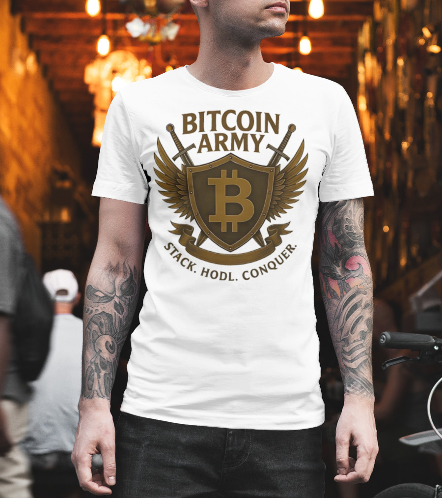 Bitcoin Army Shield Stack Hodl Conquer Crypto Warriors T-Shirt