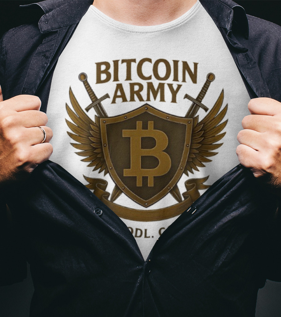 Bitcoin Army Shield Stack Hodl Conquer Crypto Warriors T-Shirt