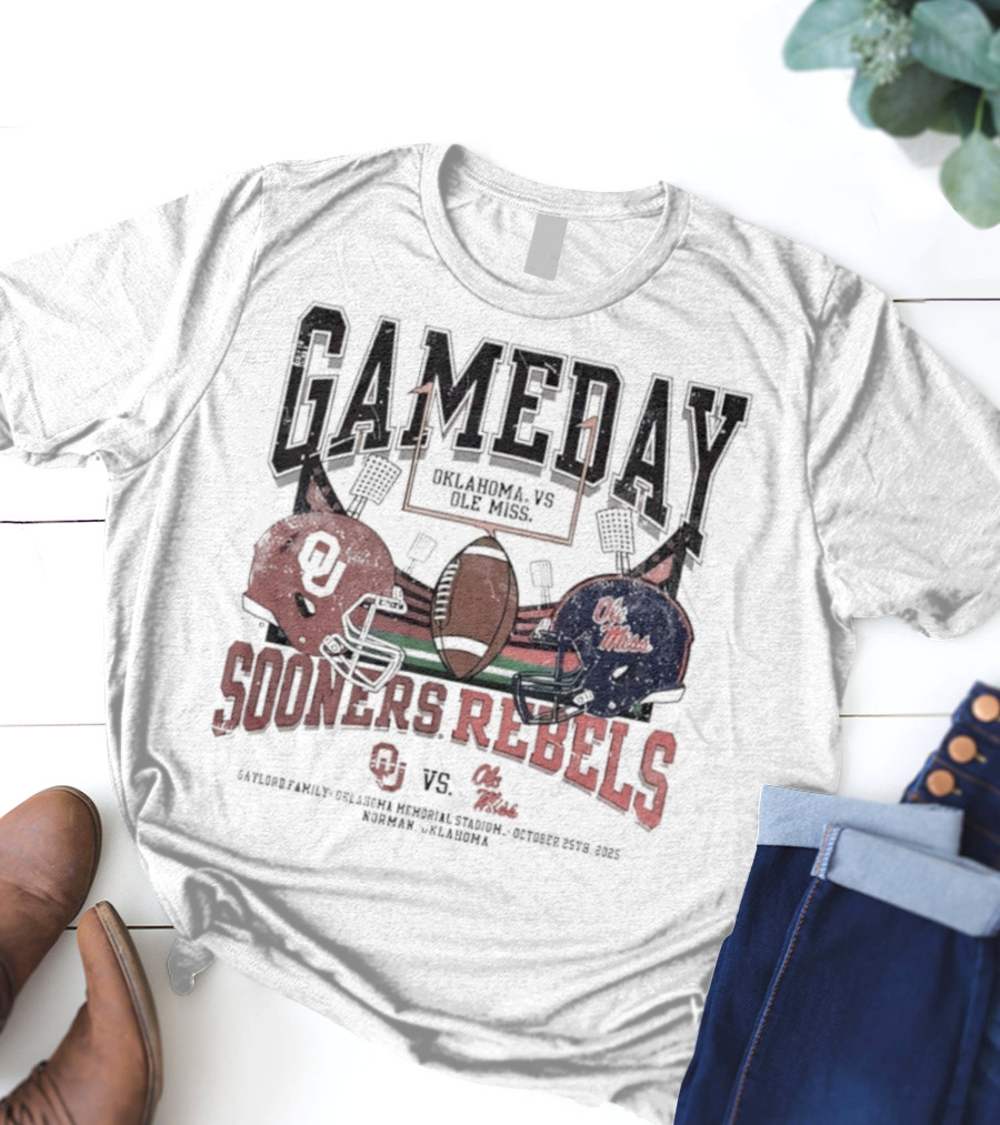Gameday Oklahoma Sooners Vs Ole Miss Rebels Gaylord Family Oklahoma Memorial Stadium Football Helmets T-Shirt