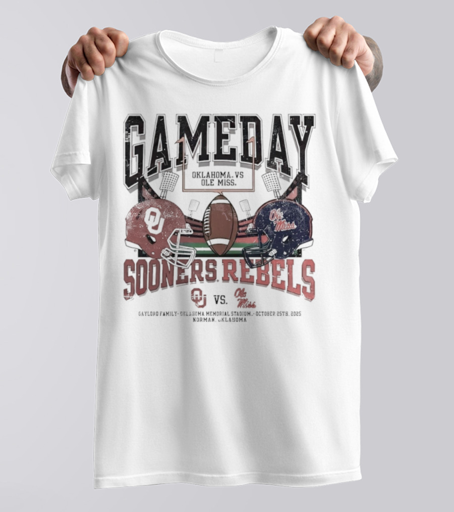 Gameday Oklahoma Sooners Vs Ole Miss Rebels Gaylord Family Oklahoma Memorial Stadium Football Helmets T-Shirt