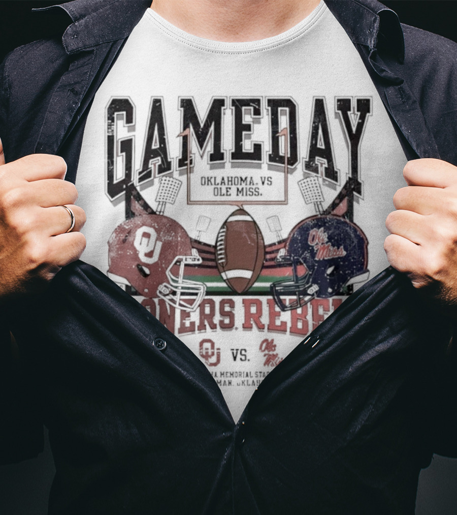 Gameday Oklahoma Sooners Vs Ole Miss Rebels Gaylord Family Oklahoma Memorial Stadium Football Helmets T-Shirt