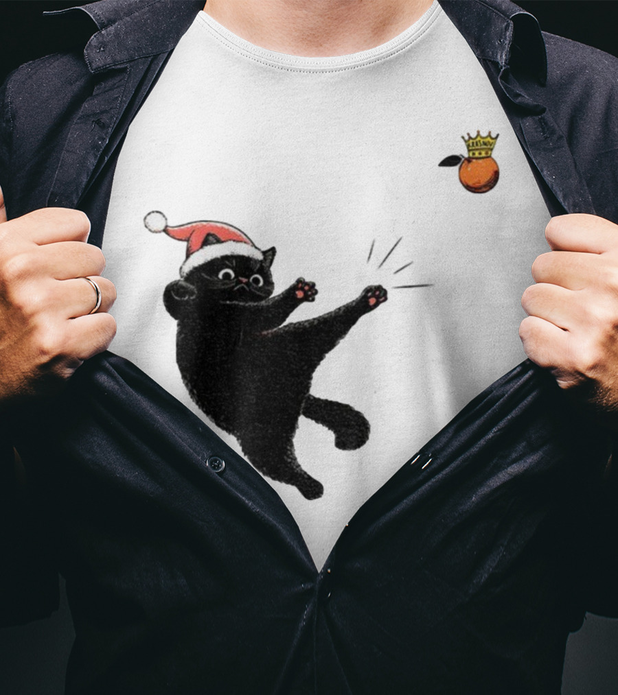 Black Cat Santa Hat Kicking Crowned Orange No Kings Christmas Anti-Trump T-Shirt