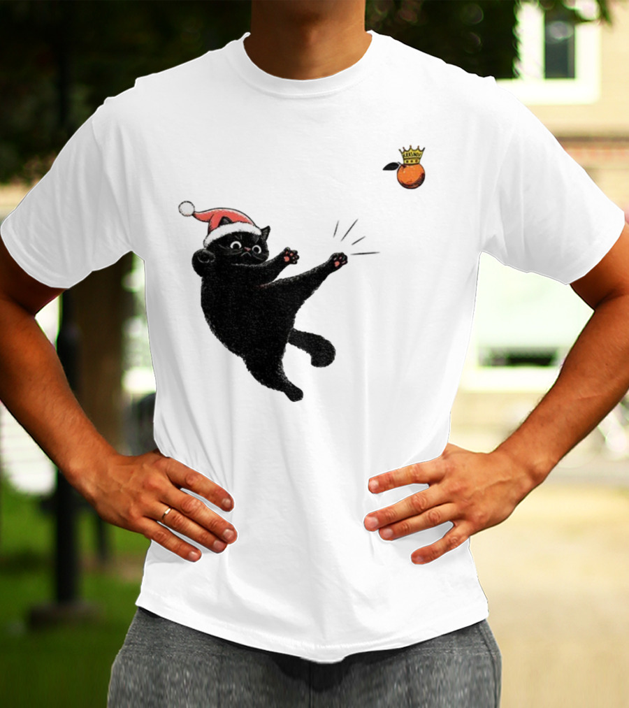 Black Cat Santa Hat Kicking Crowned Orange No Kings Christmas Anti-Trump T-Shirt