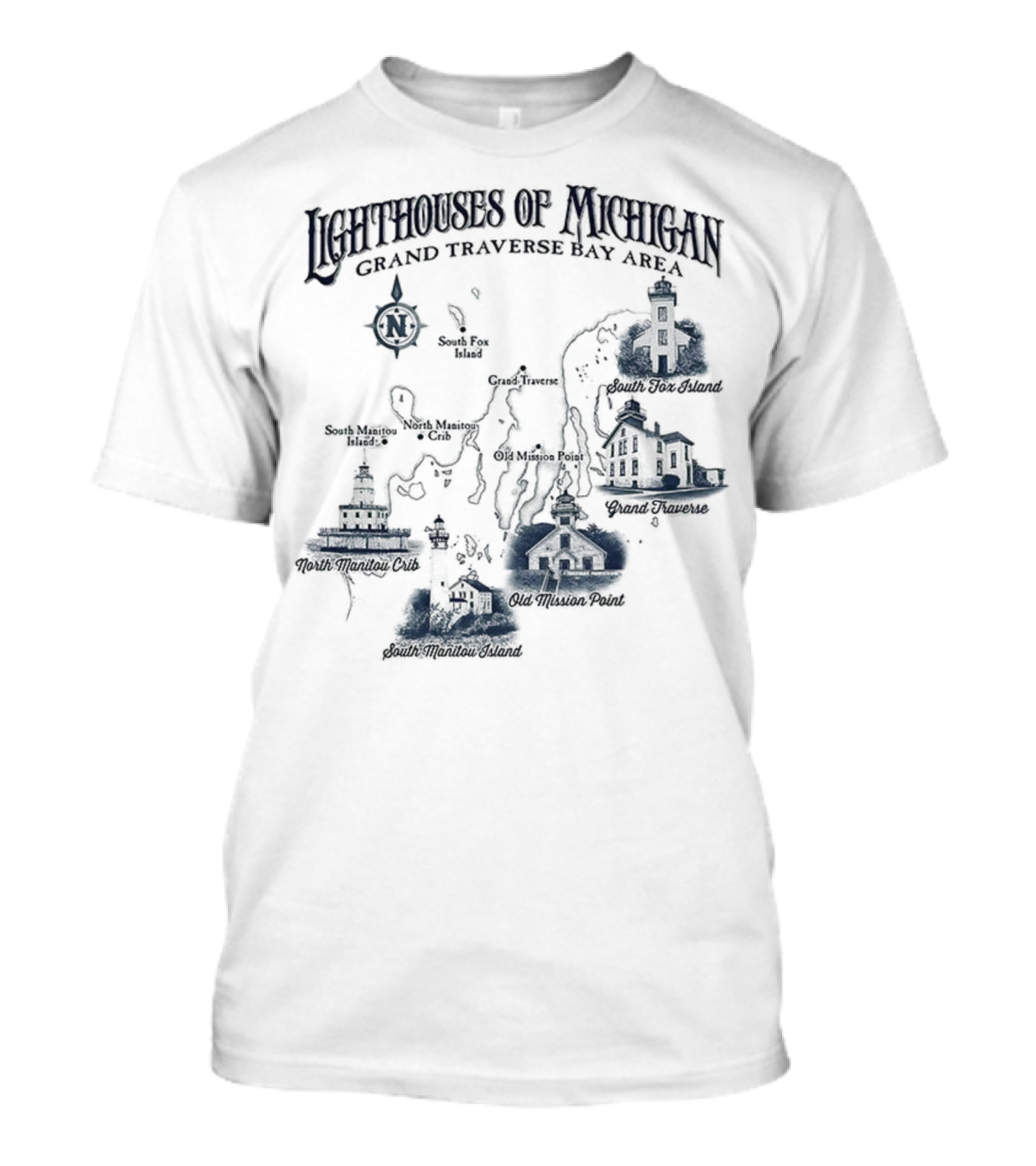 Lighthouses Of Michigan Grand Traverse Bay Area White Shoal South Fox Island Old Mission Grand Traverse South Manitou Northport T-Shirt