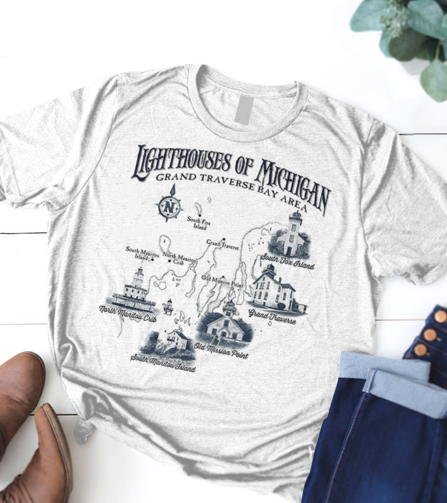 Lighthouses Of Michigan Grand Traverse Bay Area White Shoal South Fox Island Old Mission Grand Traverse South Manitou Northport T-Shirt