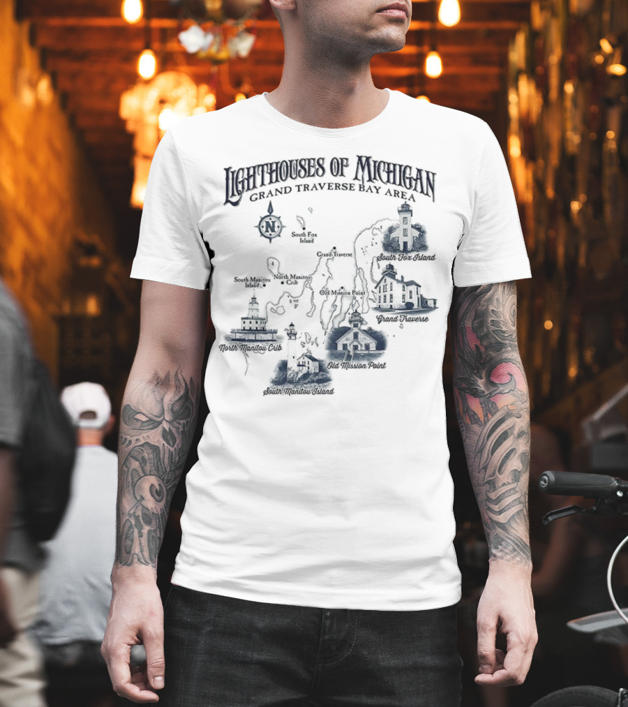 Lighthouses Of Michigan Grand Traverse Bay Area White Shoal South Fox Island Old Mission Grand Traverse South Manitou Northport T-Shirt