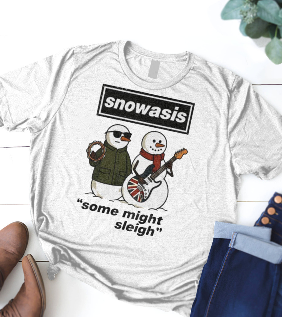 Snowasis Some Might Sleigh Christmas Snowmen With Guitars And Tambourine T-Shirt